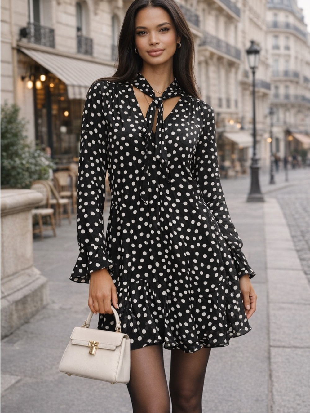 Anthropologie Polka Dot Tie-Neck Swing Mini Dress Black White S Ruffle Office